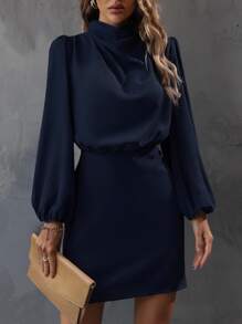 SHEIN Clasi Mock Neck Lantern Sleeve Dress - Navy Blue - View 1