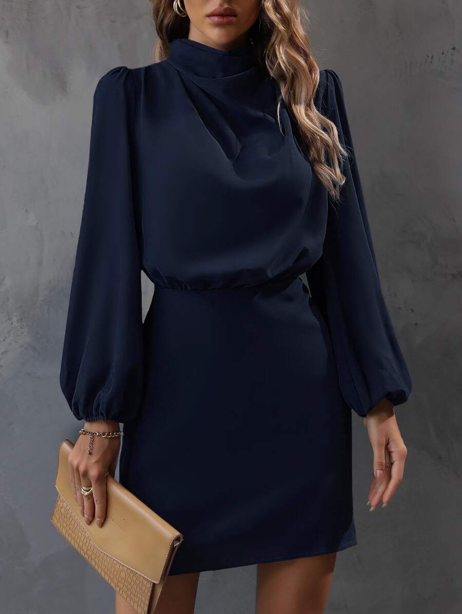 SHEIN Clasi Mock Neck Lantern Sleeve Dress - Navy Blue - View 1