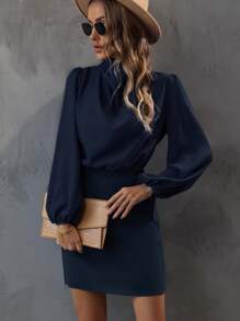 SHEIN Clasi Mock Neck Lantern Sleeve Dress - Navy Blue - View 3