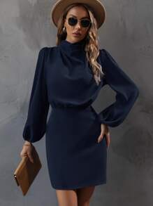 SHEIN Clasi Mock Neck Lantern Sleeve Dress - Navy Blue - View 5