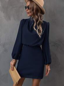 SHEIN Clasi Mock Neck Lantern Sleeve Dress - Navy Blue - View 6