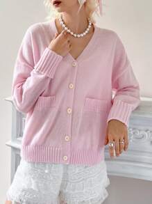 ROMWE Kawaii Dual Pocket Drop Shoulder Cardigan - Pink - View 3