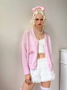 ROMWE Kawaii Dual Pocket Drop Shoulder Cardigan - Pink - View 5