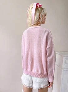 ROMWE Kawaii Dual Pocket Drop Shoulder Cardigan - Pink - View 6