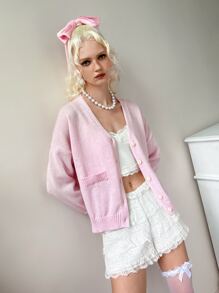 ROMWE Kawaii Dual Pocket Drop Shoulder Cardigan - Pink - View 4