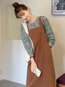 1 pieza Blusa con estampado de cuadros de espalda con abertura de ojo - Verde - Ver 1