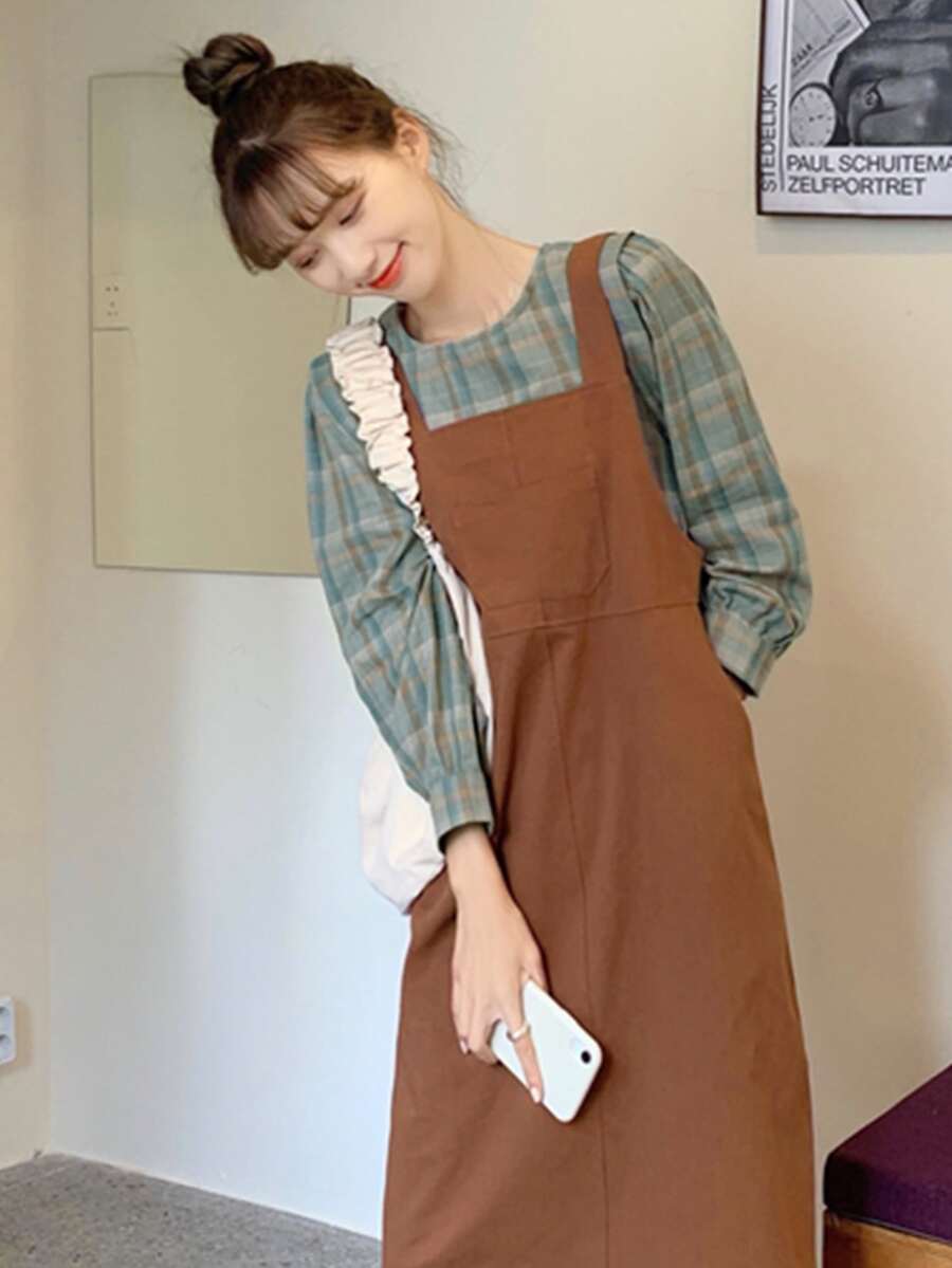 1 pieza Blusa con estampado de cuadros de espalda con abertura de ojo - Verde - Ver 1