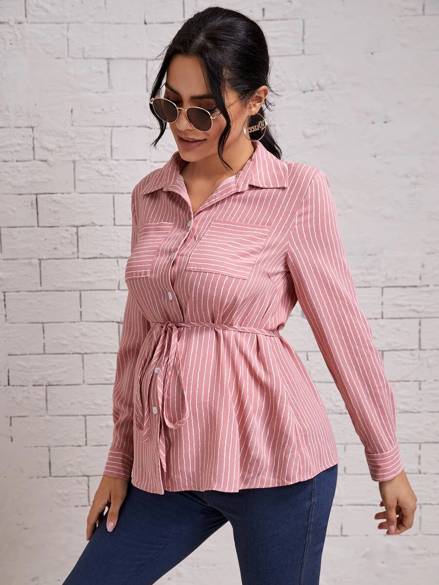 SHEIN Áo sơ mi Bà bầu Dây kéo Viên lá sen Nút phía trước Sọc Giải trí - Bụi hồng - Xem 1