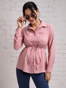 SHEIN Áo sơ mi Bà bầu Dây kéo Viên lá sen Nút phía trước Sọc Giải trí - Bụi hồng - Xem 5