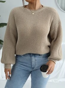 Calvaya Plus Drop Shoulder Sweater - Khaki - View 1