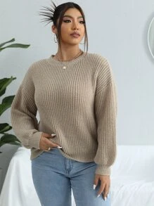 Calvaya Plus Drop Shoulder Sweater - Khaki - View 5