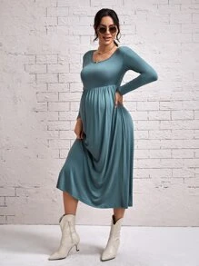 SHEIN Maternity Solid Scoop Neck Dress - Cadet Blue - View 1