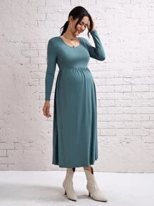 SHEIN Maternity Solid Scoop Neck Dress - Cadet Blue - View 3