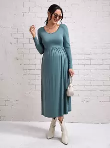 SHEIN Maternity Solid Scoop Neck Dress - Cadet Blue - View 5