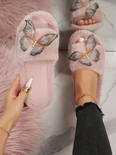 Butterfly Fluffy Slides For Women, Flat Slip-On Non-Slip Indoor/Outdoor Plush Slippers, Autumn/Winter, Korean Style