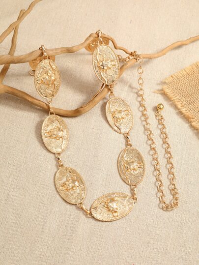 黃牛頭細節橢圓裝飾鏈條腰帶