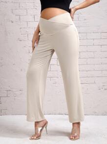SHEIN Maternity Ribbed Knit Pants - Beige - View 1