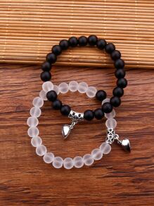 2 peças Bracelete Decorativo de Coração Magnético com Contas para Casal, Dia dos Namorados, Mãe, Dia das Mães, Presente - Preto e Branco - Visão 2