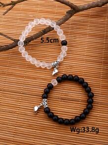 2 peças Bracelete Decorativo de Coração Magnético com Contas para Casal, Dia dos Namorados, Mãe, Dia das Mães, Presente - Preto e Branco - Visão 3