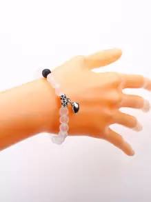 2 peças Bracelete Decorativo de Coração Magnético com Contas para Casal, Dia dos Namorados, Mãe, Dia das Mães, Presente - Preto e Branco - Visão 6