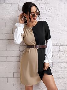 SHEIN Maternity Colour Block Flounce Sleeve Dress Without Belt - Multicolor - View 1