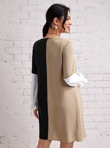 SHEIN Maternity Colour Block Flounce Sleeve Dress Without Belt - Multicolor - View 2