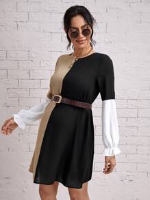 SHEIN Maternity Colour Block Flounce Sleeve Dress Without Belt - Multicolor - View 3