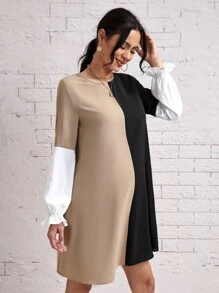 SHEIN Maternity Colour Block Flounce Sleeve Dress Without Belt - Multicolor - View 4