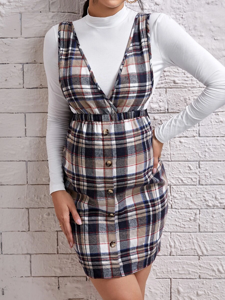 SHEIN Maternity Plaid Print Pinafore Dress & Tee - Multicolor - View 1