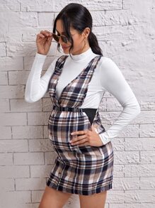 SHEIN Maternity Plaid Print Pinafore Dress & Tee - Multicolor - View 3