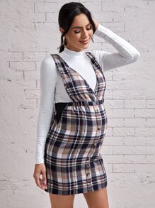 SHEIN Maternity Plaid Print Pinafore Dress & Tee - Multicolor - View 4