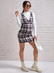 SHEIN Maternity Plaid Print Pinafore Dress & Tee - Multicolor - View 5