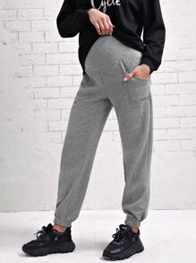 SHEIN Maternity Elastic Waist Pocket Joggers - Grey - View 1