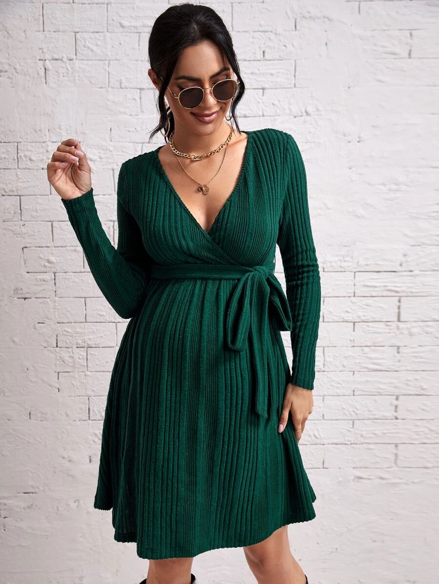 SHEIN Maternity Overlap Collar Belted Dress - Dark Green - View 1