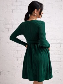 SHEIN Maternity Overlap Collar Belted Dress - Dark Green - View 2