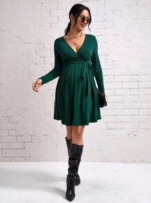SHEIN Maternity Overlap Collar Belted Dress - Dark Green - View 4