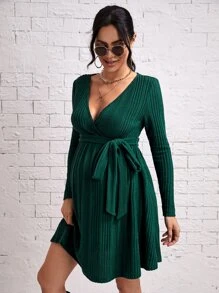SHEIN Maternity Overlap Collar Belted Dress - Dark Green - View 5