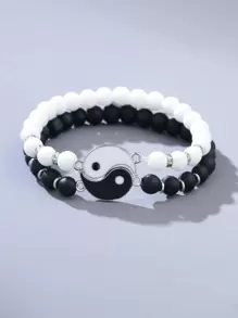 Fashionable and Popular 2pcs Men Yin & Yang Decor Beaded Bracelet Alloy for Jewelry Gift and for a Stylish Look - Black and White - View 1