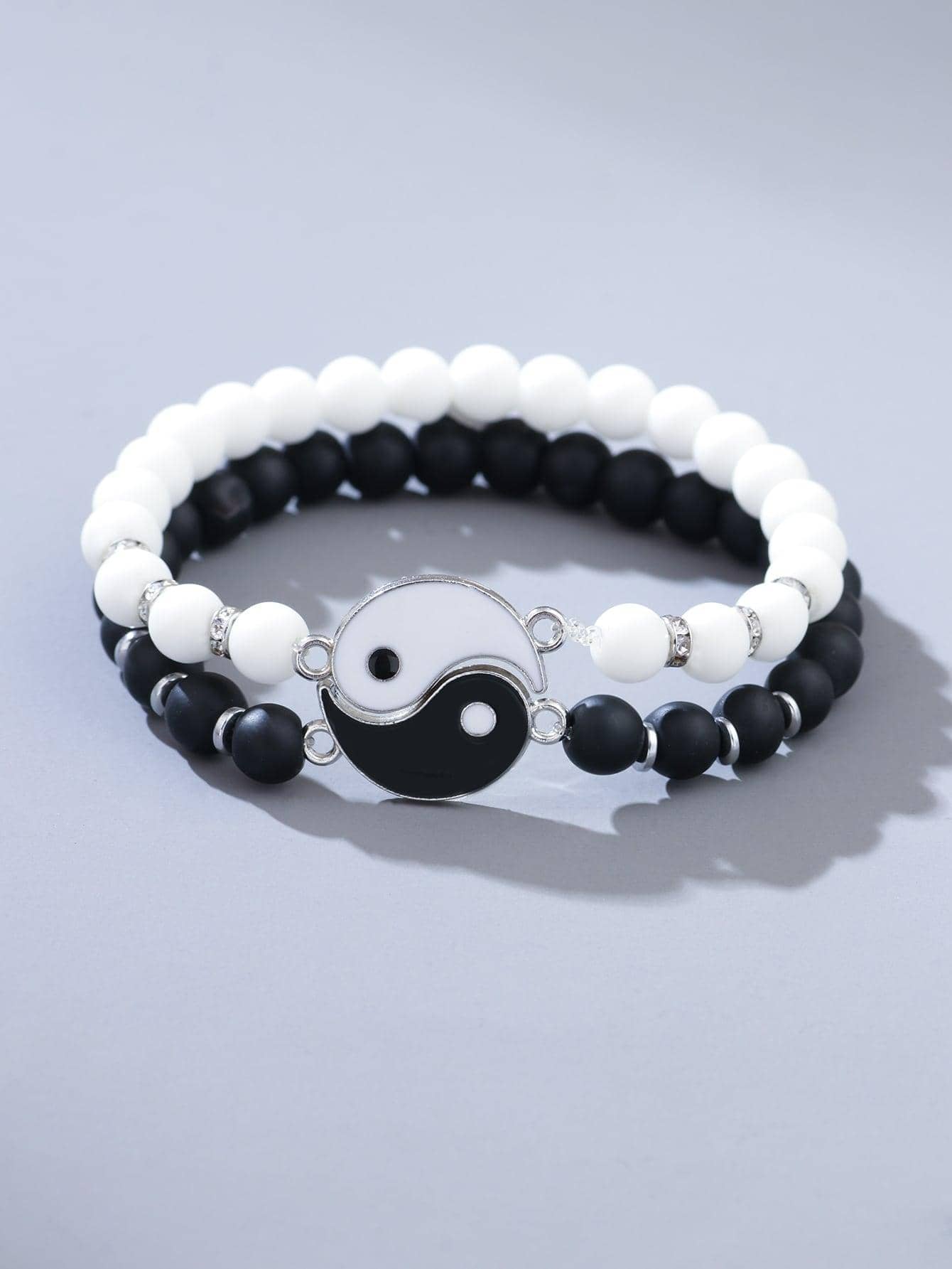 Fashionable and Popular 2pcs Men Yin & Yang Decor Beaded Bracelet Alloy for Jewelry Gift and for a Stylish Look - Black and White - View 1