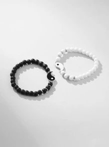 Fashionable and Popular 2pcs Men Yin & Yang Decor Beaded Bracelet Alloy for Jewelry Gift and for a Stylish Look - Black and White - View 2