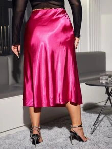 SHEIN Privé 大碼高腰緞面A字半身裙 - 玫紅色 - 查看 2