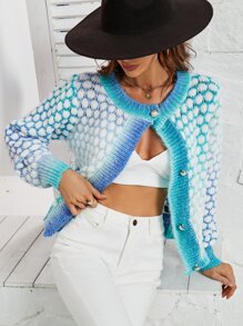 SHEIN Essnce Ombre Marled Knit Button Front Cardigan - Mint Blue - View 5