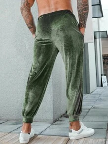 Men Letter Patched Velvet Trousers - Army Green - View 2