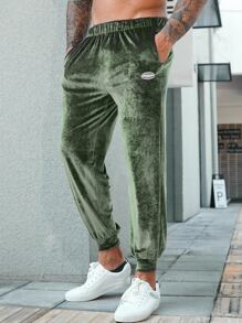 Men Letter Patched Velvet Trousers - Army Green - View 4