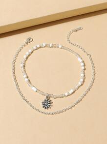 2入組花朵掛飾串珠腳鏈 - 彩色 - 查看 2