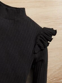 SHEIN 女孩羅紋針織荷葉邊T恤和格紋印花腰帶半身裙