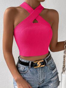 SHEIN Allurite Crisscross Halter Knit Top - Hot Pink - View 3