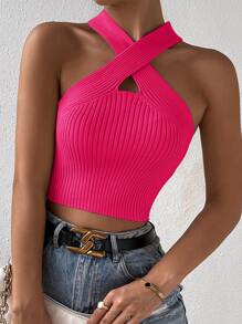 SHEIN Allurite Crisscross Halter Knit Top - Hot Pink - View 5
