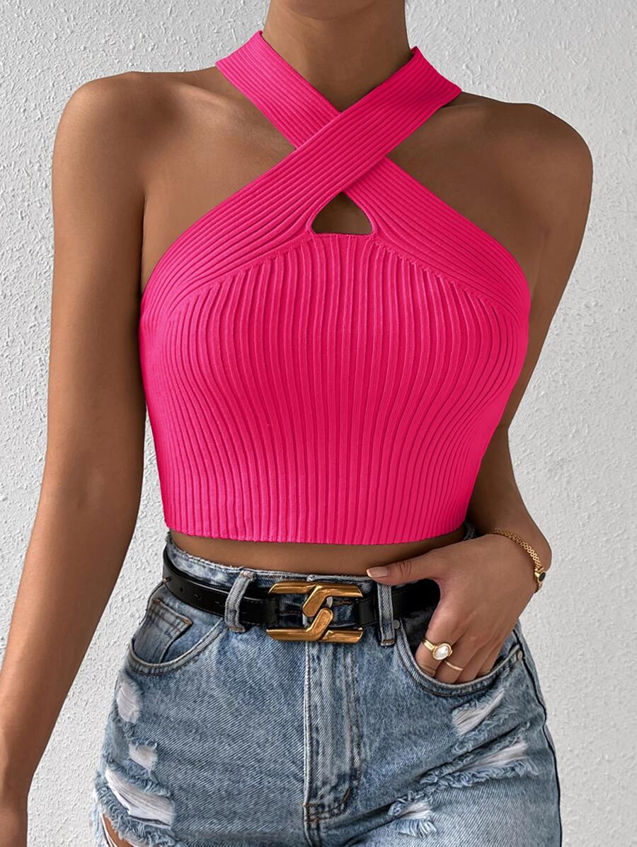 SHEIN Allurite Crisscross Halter Knit Top - Hot Pink - View 1