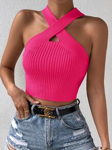 SHEIN Allurite Crisscross Halter Knit Top - Hot Pink - View 2